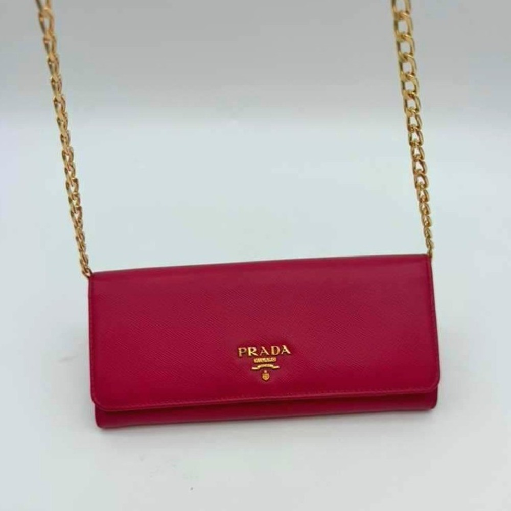 Prada Saffiano Leather Wallet Red Authentic Prada Wallet Chain Included - Picture 2 of 13